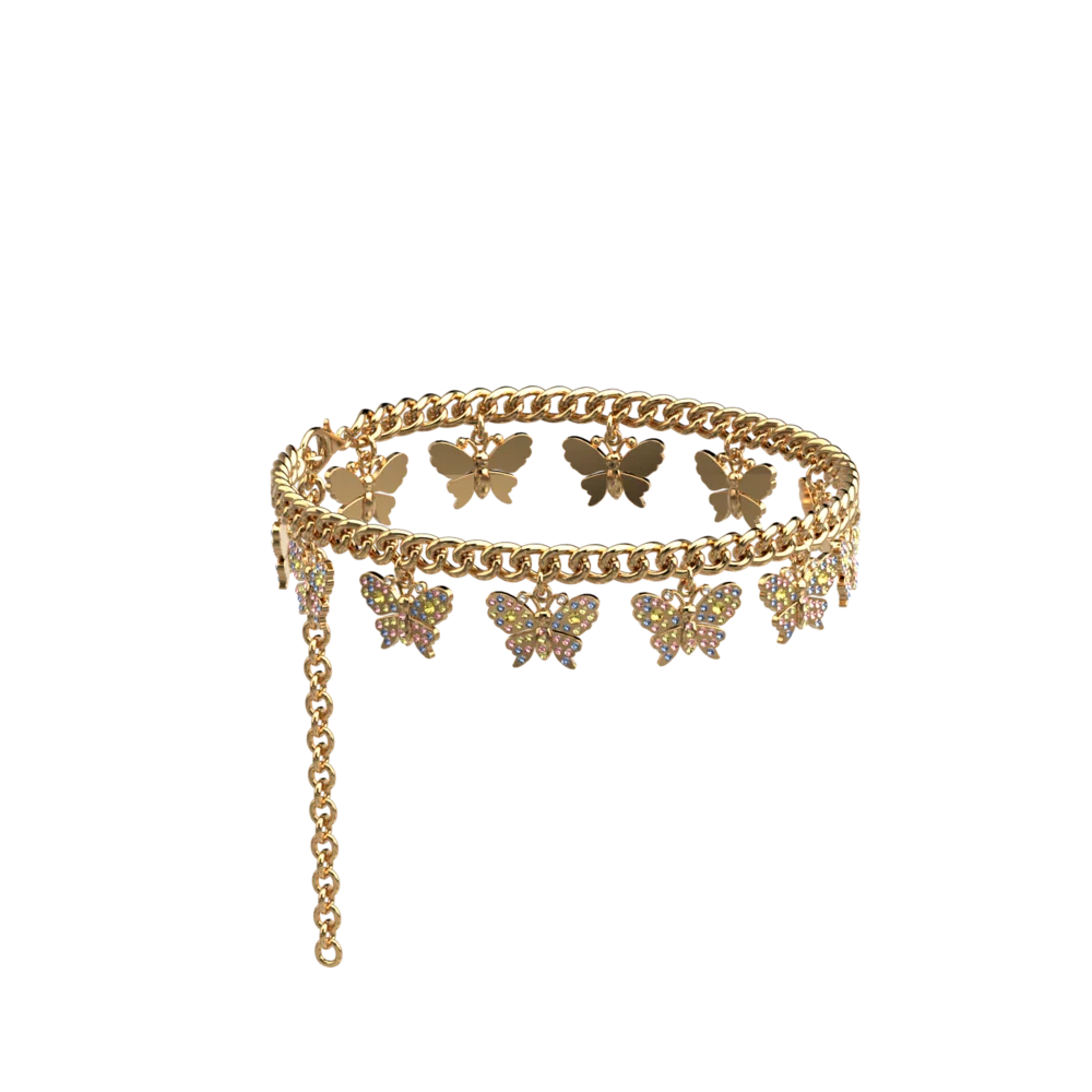 Rhinestone Butterfly Charm Gold Multi Ankle Chain