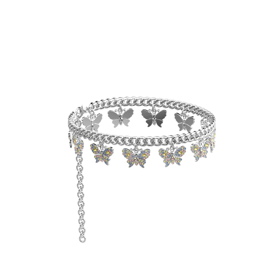 Rhinestone Butterfly Charm Silver Multi Ankle Chain
